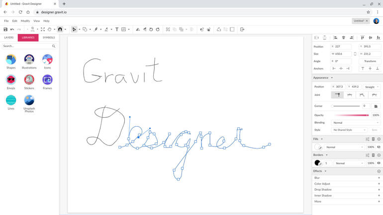 Gravit Design的屏幕截图，其中手绘单词“ Designer”中的矢量点处于活动状态，并显示为小圆圈，可以移动。