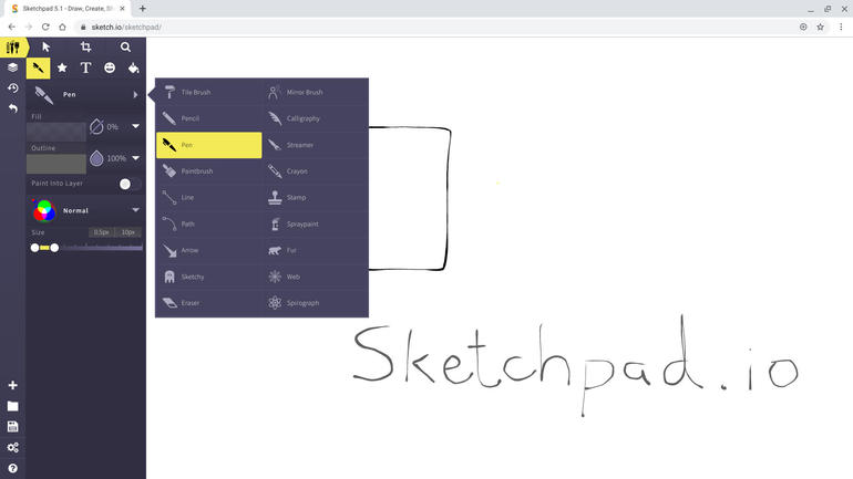 Sketchpad的屏幕快照，其中打开了Pen的主菜单，并且在屏幕上手绘了Word Sketchpad.io。